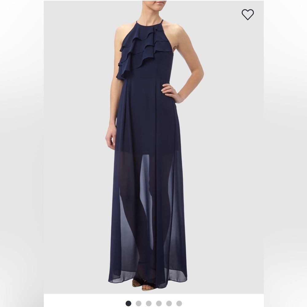BCBGeneration Navy Blue Ruffle Maxi Dress Size 0 Zip Halter Sleeveless